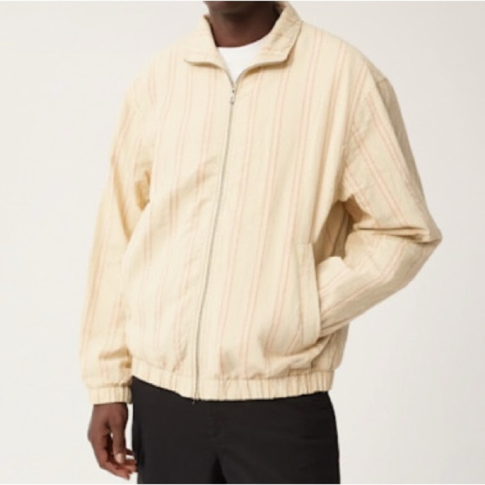 New Zara Men’s Neutral Tan/Beige Linen Look‎ Pin Striped Bomber Jacket Size XL